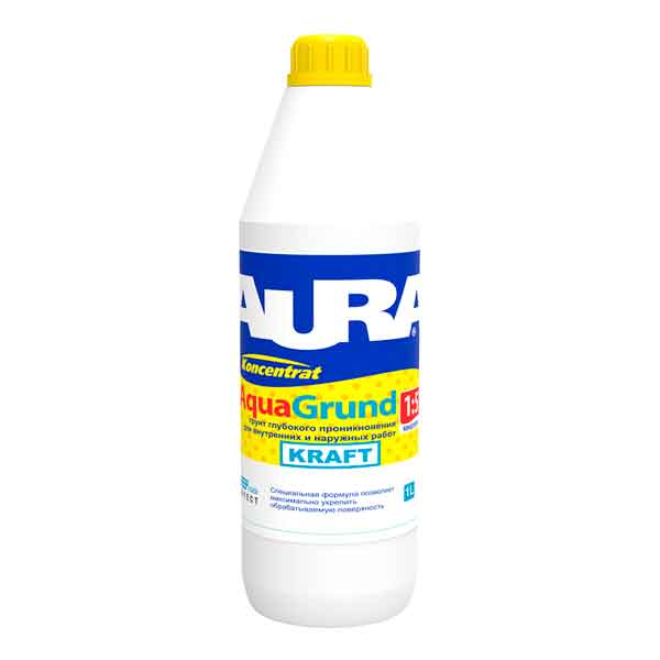 картинка AURA грунт глубокого проникновения AQUA GRUND Kraft 1:5 для вн. и нар. работ,1 л (12шт/уп) от магазина Элемент